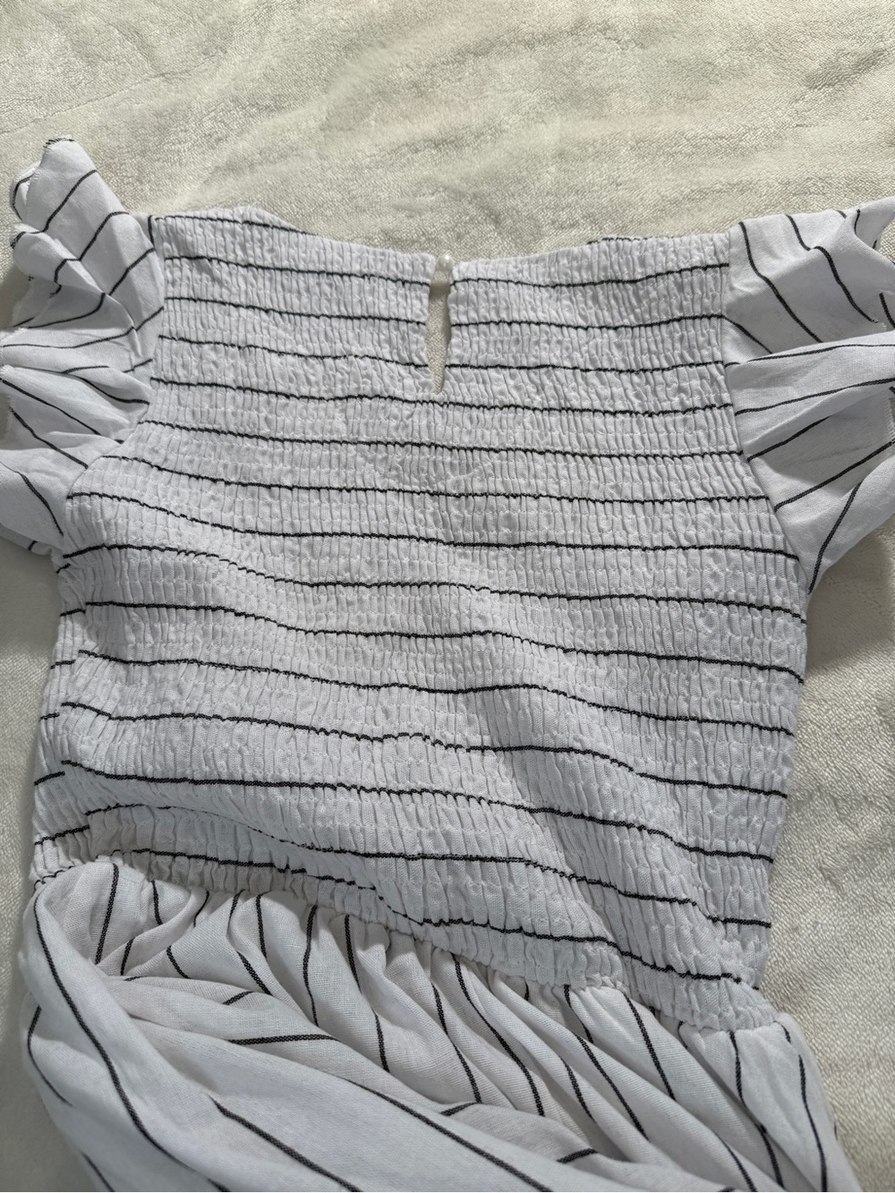 Simplee White Black Striped Smocked Midi Dress Linen Blend Flutter Sleeve Small - Picture 9 of 11
